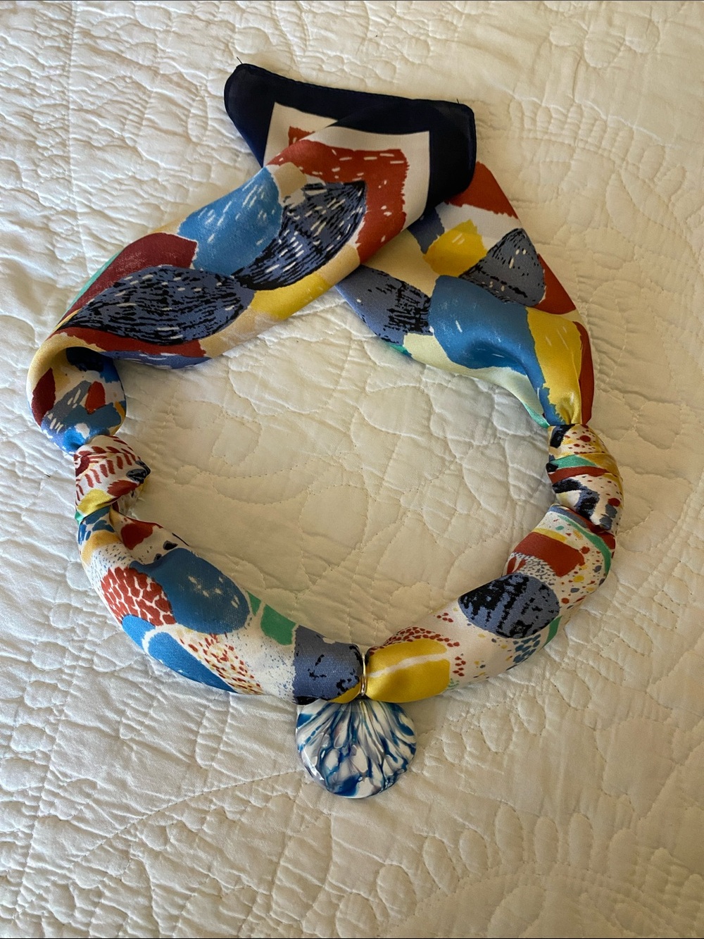 Repurposed glass pendant on new scarf. Tie in back for a fabulous necklace!